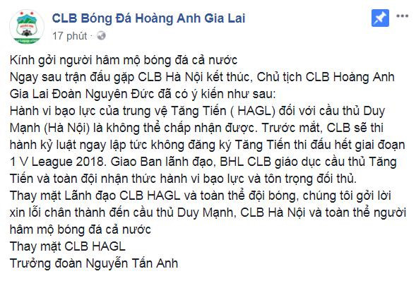 HAGL kỷ luật nặng Tăng Tiến vì pha bóng triệt hạ Duy Mạnh
