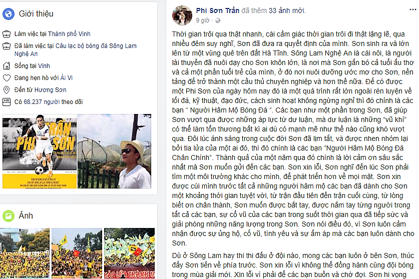 “Ronaldo xứ Nghệ” viết tâm thư xúc động chia tay SLNA